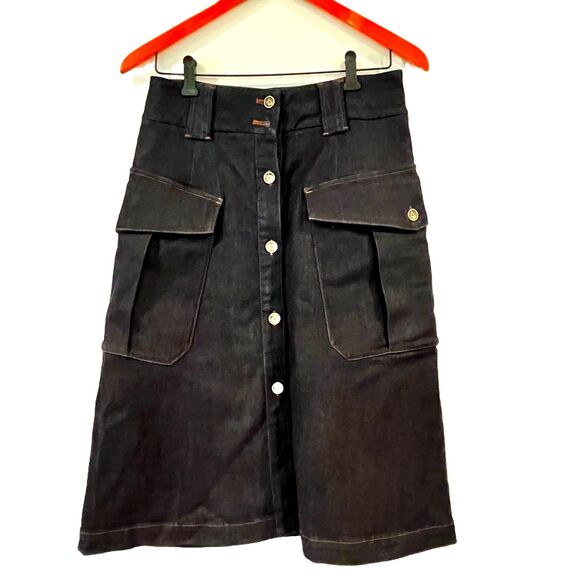 Massimo Dutti Calidad Denim Jean Midi A-Line Button Front Skirt Size 8 - Picture 3 of 10